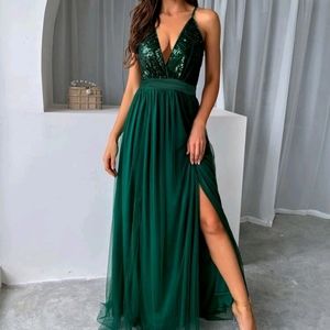 Joyfunear Sequin Bodice Backless Mesh Cami Formal Evening Gowns color green